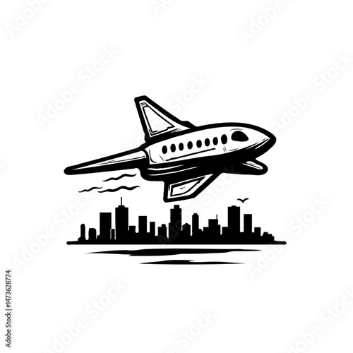 Monochromatic stylized airplane soaring above urban skyline, artistic travel depiction