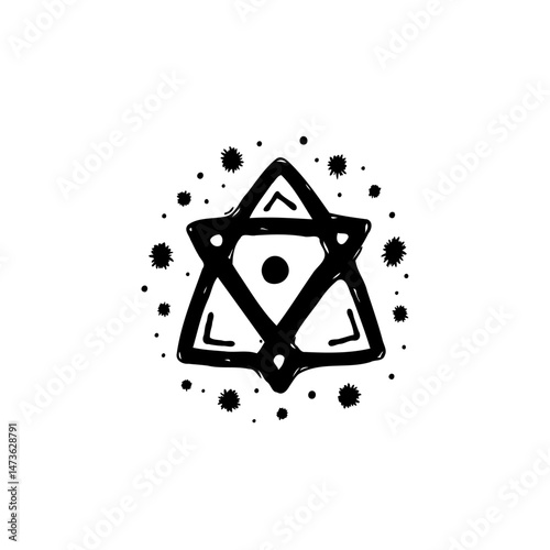 Monochrome celestial geometry symbol with textured star shape and stippled aura