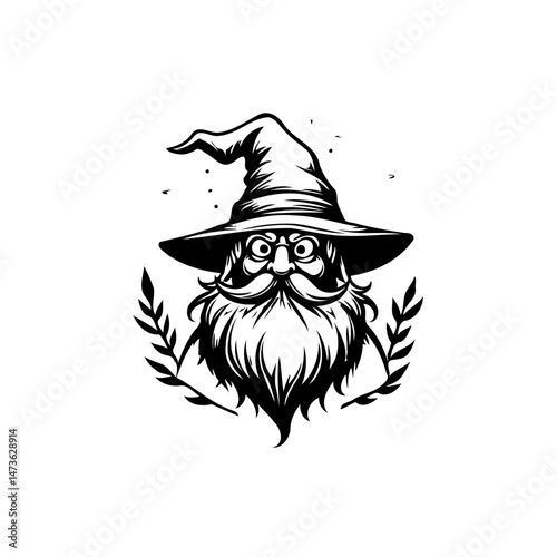 Mystical wizard character vector illustration with beard and laurel crown