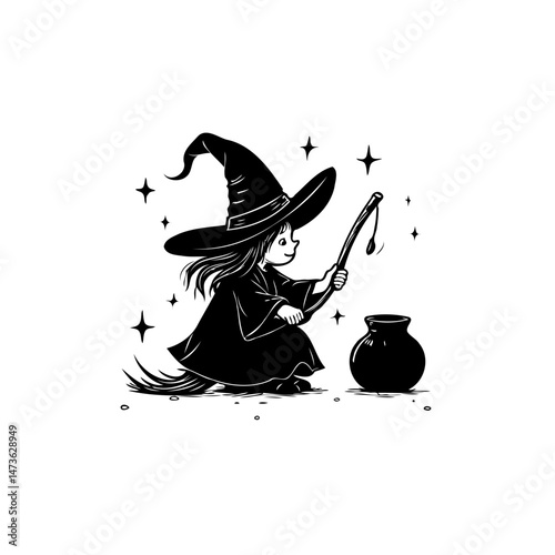 Enchanting depiction of a youthful witch concocting a potion under starry skies