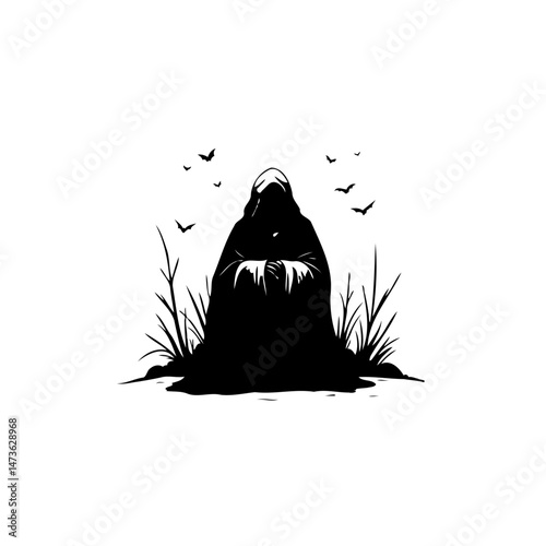 Enigmatic hooded figure enveloped in darkness surrounded by birds silhouettes
