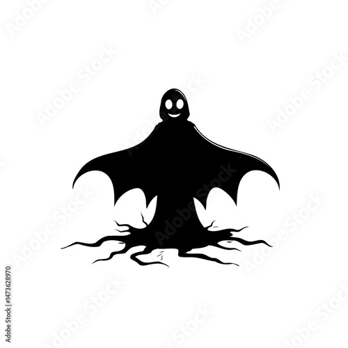 Silhouette of a spooky, playful figure with roots, evoking Halloween atmosphere