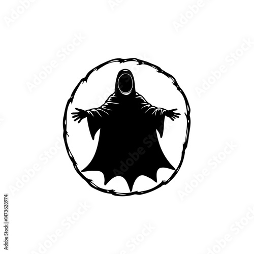 Eerie hooded figure encircled by thorny vines conveys suspense and mystery