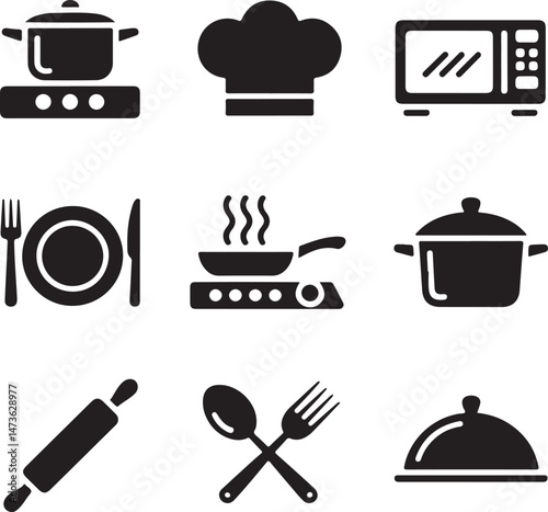 Modern Kitchen Utensils Silhouette Set

Chef Tools and Cutting Board Vector

Cooking Essentials in Kitchen Silhouette

Spoon, Fork, and Knife Bundle Vector

Silhouette of Kitchenware Collection