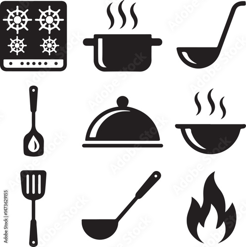 Modern Kitchen Utensils Silhouette Set

Chef Tools and Cutting Board Vector

Cooking Essentials in Kitchen Silhouette

Spoon, Fork, and Knife Bundle Vector

Silhouette of Kitchenware Collection