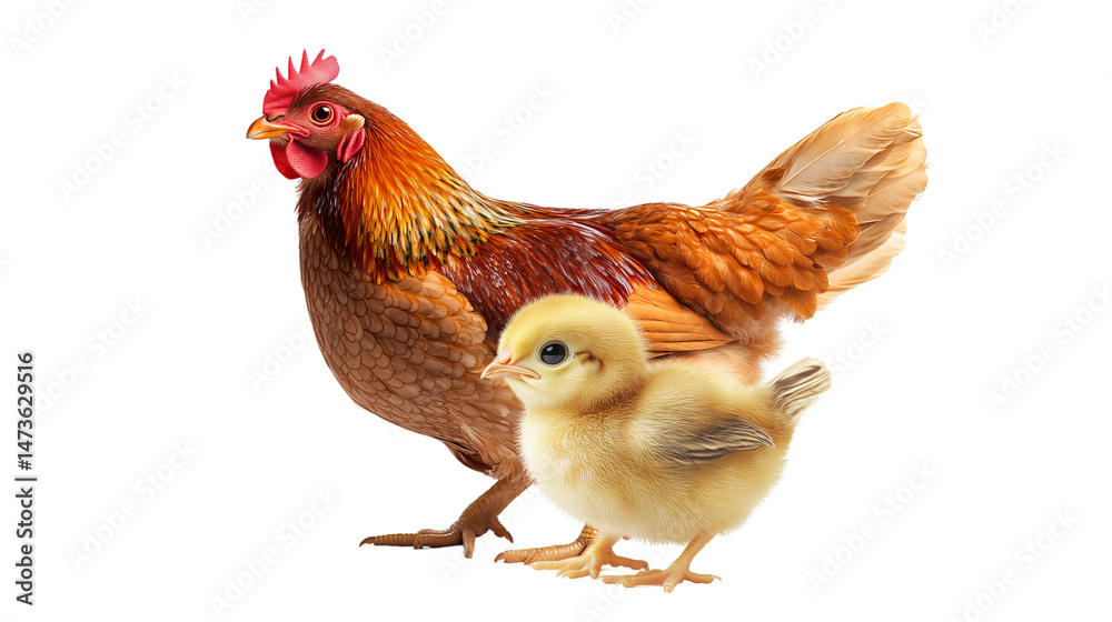 Fototapeta premium Hen and chick positioned together, symbolizing farm life, isolated, created with Generative AI