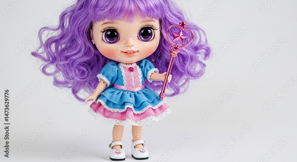 Fototapeta premium Adorable purple-haired doll playfully holds a wand against soft light background. AI Generated