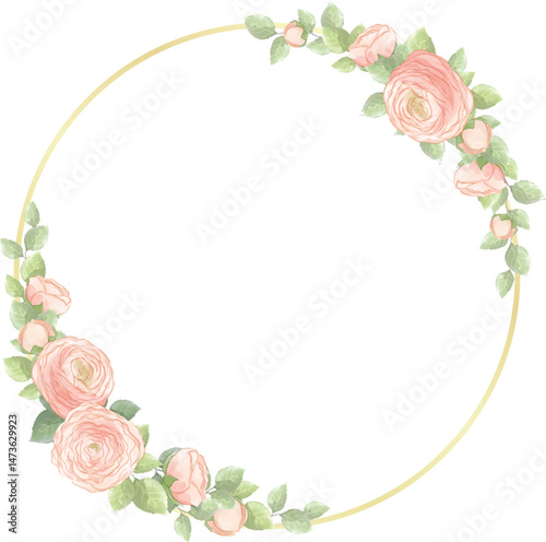 watercolor pink ranunculus buttercup flowers arrangement with golden frame template