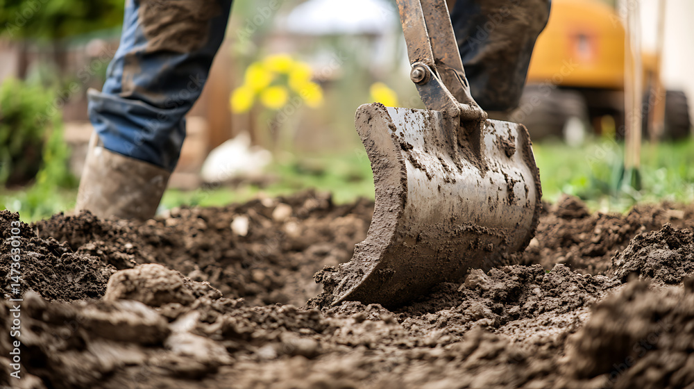Fototapeta premium Close-up of a shovel digging into soil