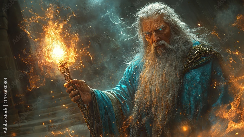 A wise wizard with a long beard and flowing robes casting a powerful spell using a glowing staff, surrounded by ancient magical artifacts A wise wizard with a long beard and flowing robes casting a powerful spell using a glowing staff, surrounded by ancient magical artifacts