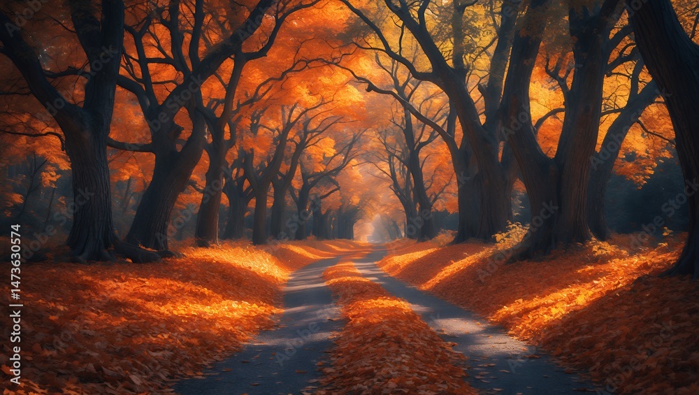 Fototapeta premium Walking on Country Road in Autumn with Vibrant Orange Foliage