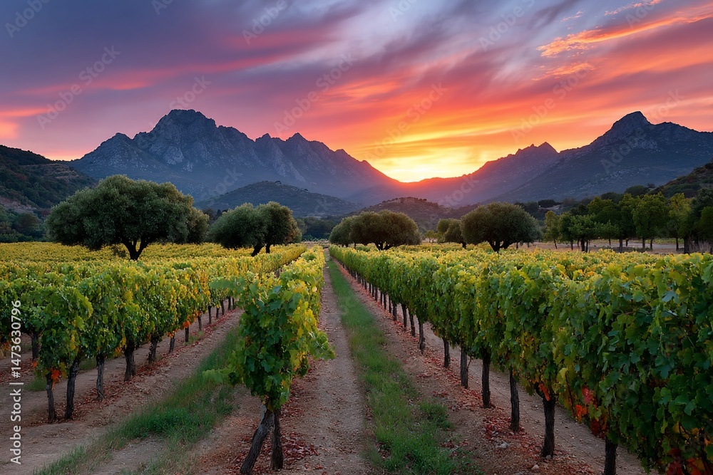 Naklejka premium Vineyard rows converge under sunset skies with mountains visible in the background