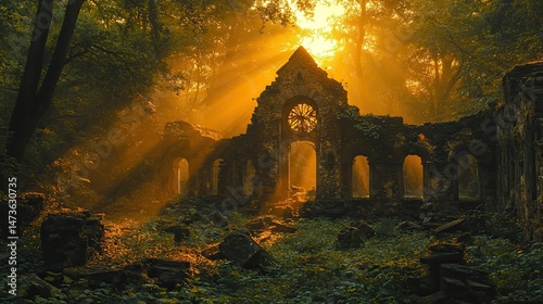 Abandoned ruins stand silently amidst overgrown vegetation, weathered stone walls tell tales of forgotten times, nature reclaims its territory with relentless grace