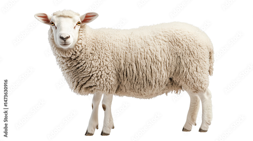 Fototapeta premium A fluffy sheep stands still, showcasing its dense fleece, isolated, created with Generative AI