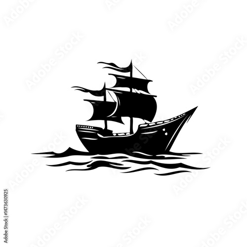 Monochrome vintage sailing ship illustration with billowing sails on water waves