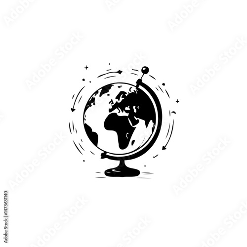 Stylized depiction of a world globe with whimsical celestial elements, black ink