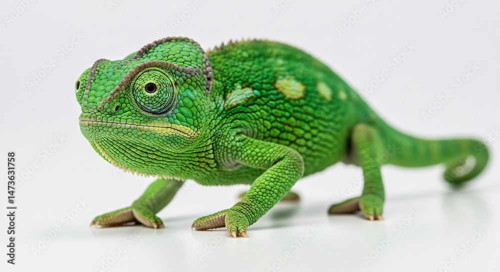Fototapeta premium Vibrant green chameleon subtly blends against bright white background. AI Generated