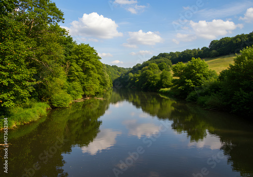 Serene River Reflection in Lush Green Valley: A Tranquil Summer Day in Nature