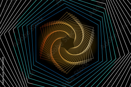 A digitally generated illustration featuring an abstract spiral design composed of interconnected geometric shapes with gradient color. Ideal for backgrounds, graphic designs, and visual projects.