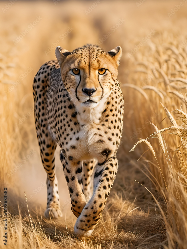 Fototapeta premium A powerful cheetah in motion through a golden field.