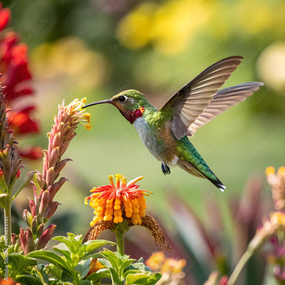 Obraz premium A vibrant hummingbird hovering near a colorful flower, with a blurred garden background.