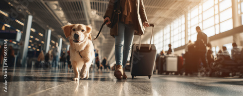 Traveler walks through airport terminal with golden retriever on leash, showcasing joy of pet travel. bustling environment highlights bond between traveler and their furry companion