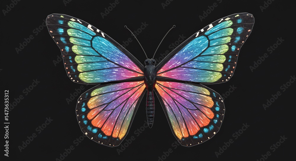 Obraz premium Vibrant iridescent butterfly wings shimmer softly against a dark background. AI Generated