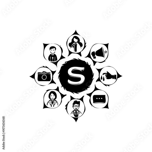Letter 'S' in stylized emblem amidst diverse community icons in monochrome