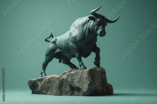 Powerful bull sculpture atop a rock formation.