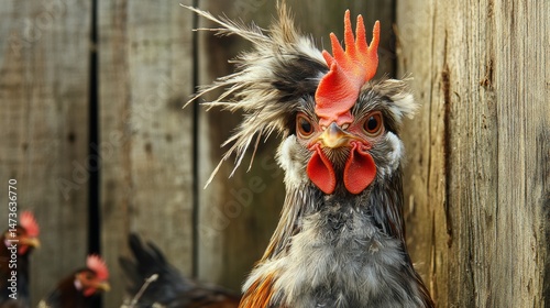 Closeup Portrait of a Polish Rooster with a Magnificent Crest Against a Rustic Wooden Fence