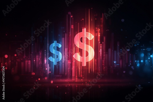 Futuristic financial landscape with luminous dollar symbols and tech design
