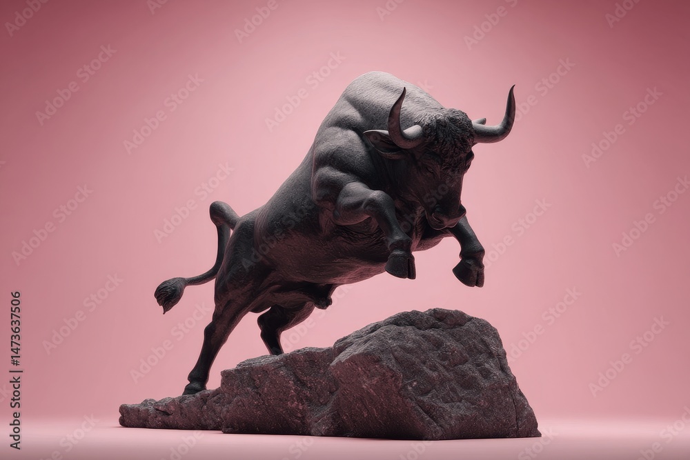 Fototapeta premium Dramatic leaping bull sculpture on a rock formation.