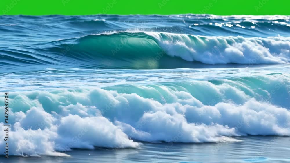 Vibrant Ocean Waves Crashing Under Clear Blue Sky and Green Background