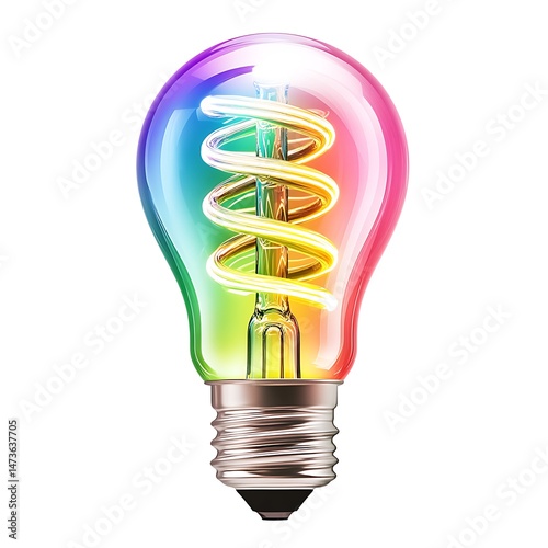 Bulb with rainbow lighting on a white background featuring an elegant spiral design The lamp has the shape of classic Edison bulbs