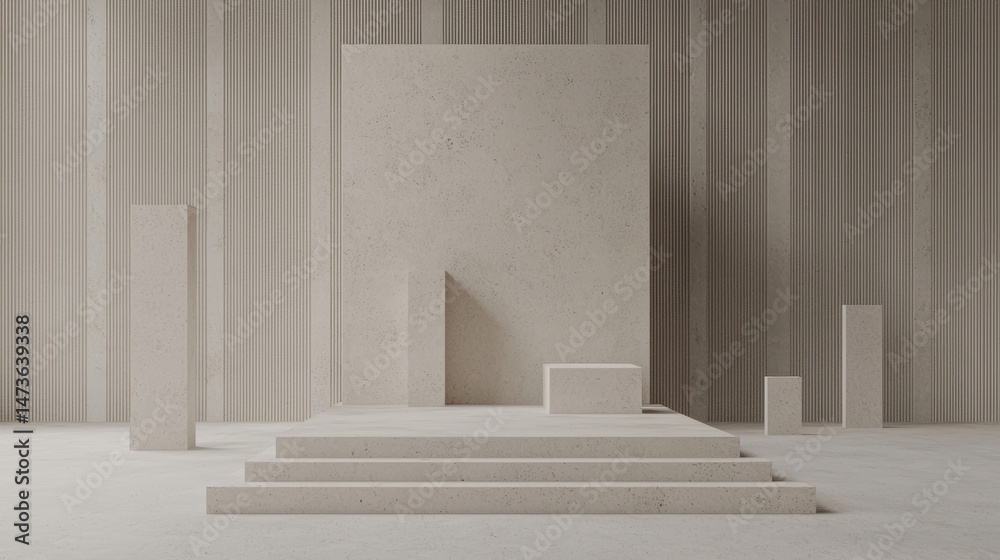 Fototapeta premium A minimalist white room with a large rectangular block and smaller square blocks.