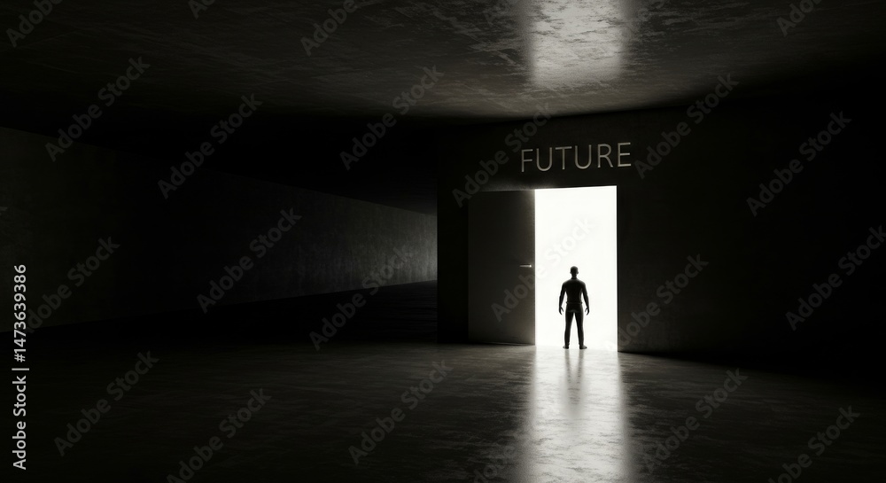 Obraz premium Silhouette figure stands before doorway to future.