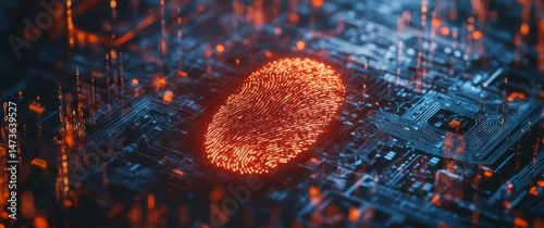A computer screen shows a digital fingerprint with a red outline. The image has a futuristic and technological feel to it, with the fingerprint appearing to be a part of a larger electronic system
