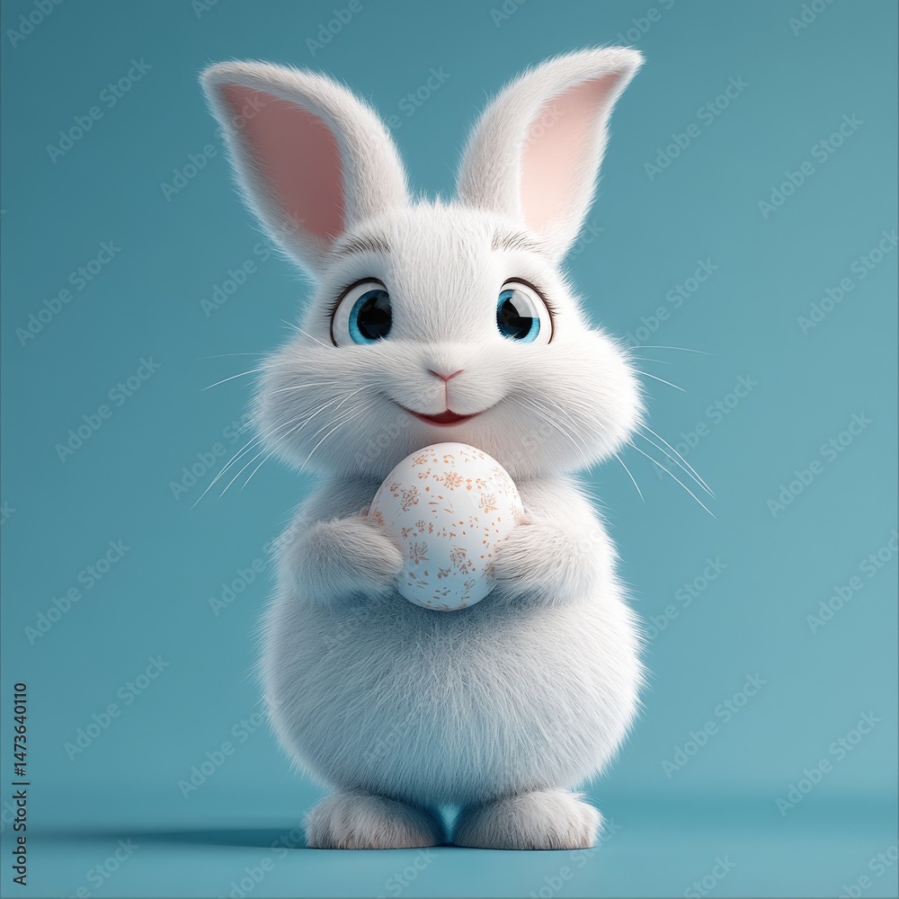 Obraz premium Adorable fluffy white cartoon bunny standing upright, cheerfully holding a speckled Easter egg against a smooth blue background. Concept of playful and joyful Easter celebration.