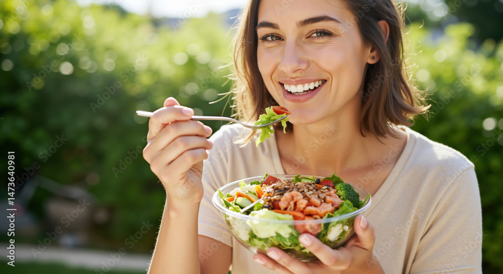 Woman eating fresh salad with vegetables and grains outdoors. Healthy meal concept for nutrition programs, diet plans or organic food delivery services Woman eating fresh salad with vegetables and grains outdoors. Healthy meal concept for nutrition programs, diet plans or organic food delivery services