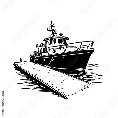 Monochrome nautical scene showcasing a boat docked beside a simplistic pier structure