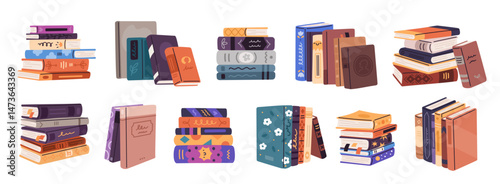 Books stacks. Education literature with different covers, library rows, piles, poetry, prose and novels, detective stories, knowledge symbol, cartoon flat composition, garish vector set