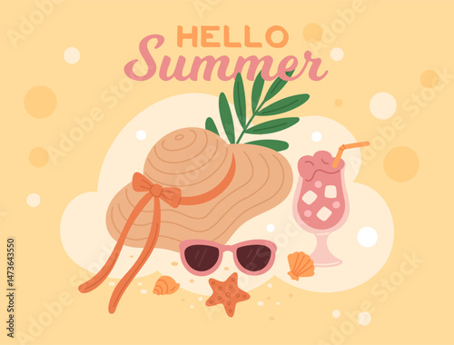 Beach straw hat poster. Summer time, sea vacations, sunglasses, cocktail and panama on sand with seashells, relax on beach. Fashion headwear cartoon flat isolated garish vector concept