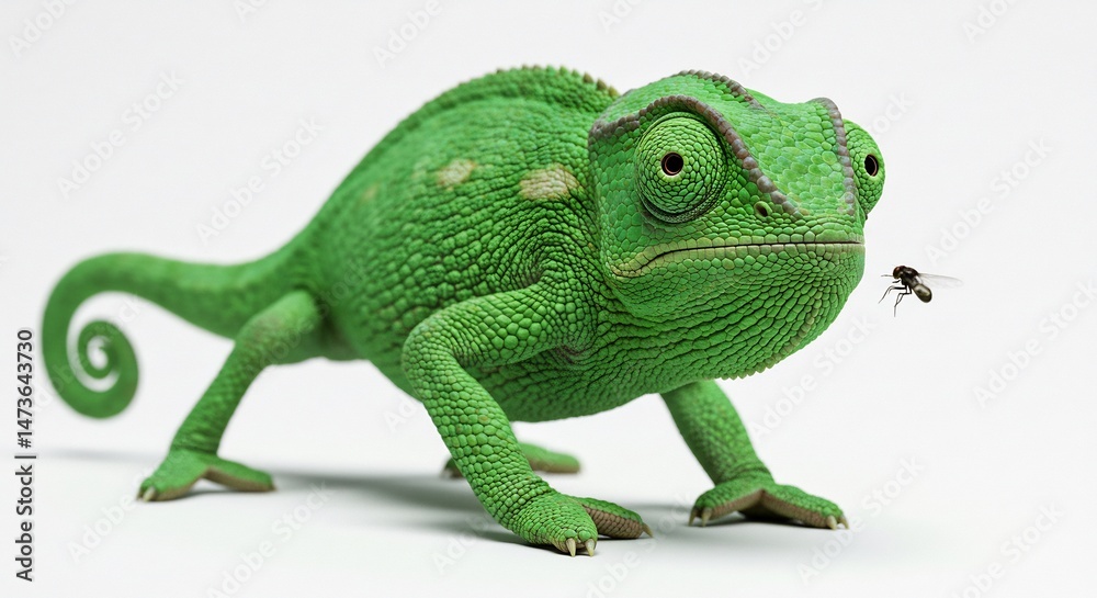 Fototapeta premium Green chameleon patiently stalks insect prey against bright white background. AI Generated