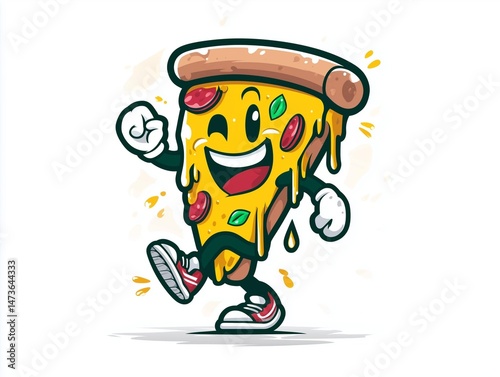 Joyful pizza cartoon mascot with dripping cheese and happy face, perfect for fun logo designs related to food, snack, or pizza branding.

