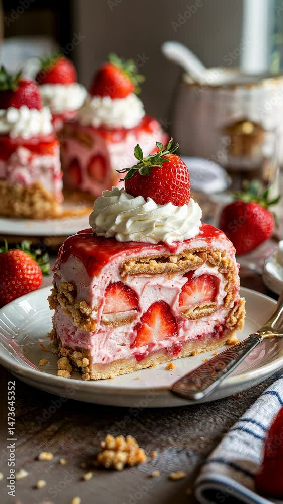 Savoring layered strawberry icebox cake with cookie base, creamy filling, ripe berries, topped with light whipped cream.
