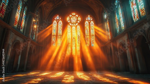 Amber light streams through stained-glass windows, dust motes dance in the illuminated space, a sense of peace and serenity fills the old chapel
