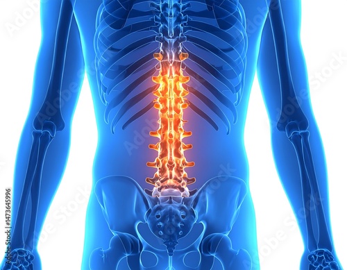 Detailed Human Anatomy Lumbar Spine Illustration showing Vertebrae Bones and Spinal Cord in Vibrant Blue and Orange Hues on a Transparent Background ideal for medical and healthcare resources.