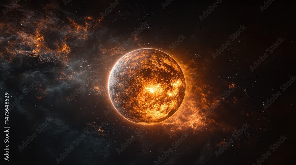 Obraz premium Cosmic explosion of a fiery sun-like star outer space digital art vast universe distant view celestial phenomenon