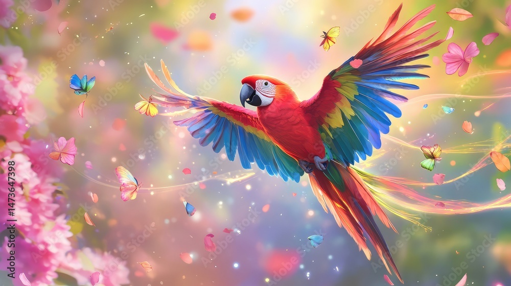 Obraz premium Stylized parrot in mid-air, vibrant feathers merging into artistic neon streaks across the scene