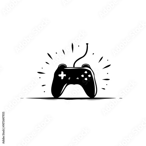 A stylized black and white vector illustration of a gaming controller design